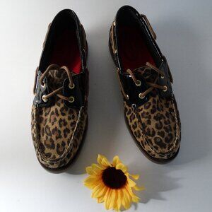 Sperry Leopard Calf Hair Leather Top=Sider Shoes, Size 8.5 NWT